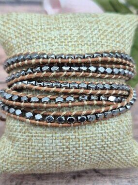 Victoria Emerson Brown & Silver Metallic Beaded Wrap Bracelet 34" Boho Neutral
